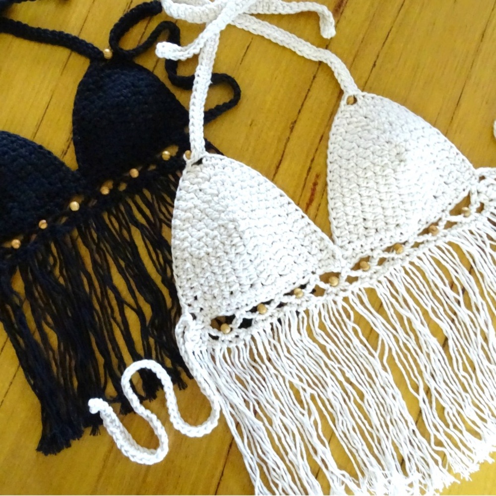 Crochet Fringe Bikini Tops in Black and White